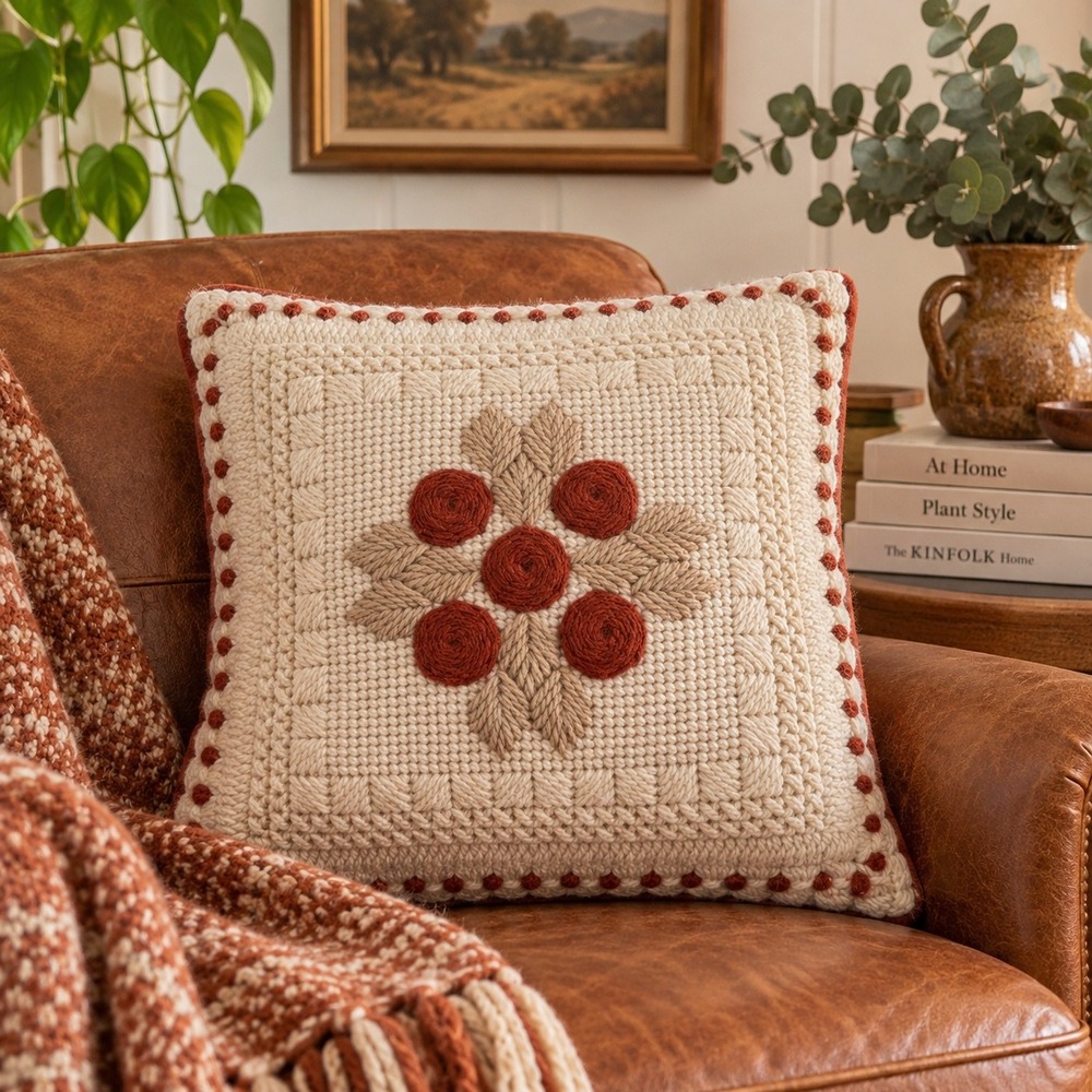 Vintage Floral Needlepoint Throw Pillow Cream Terracotta Wool Velvet 12x12